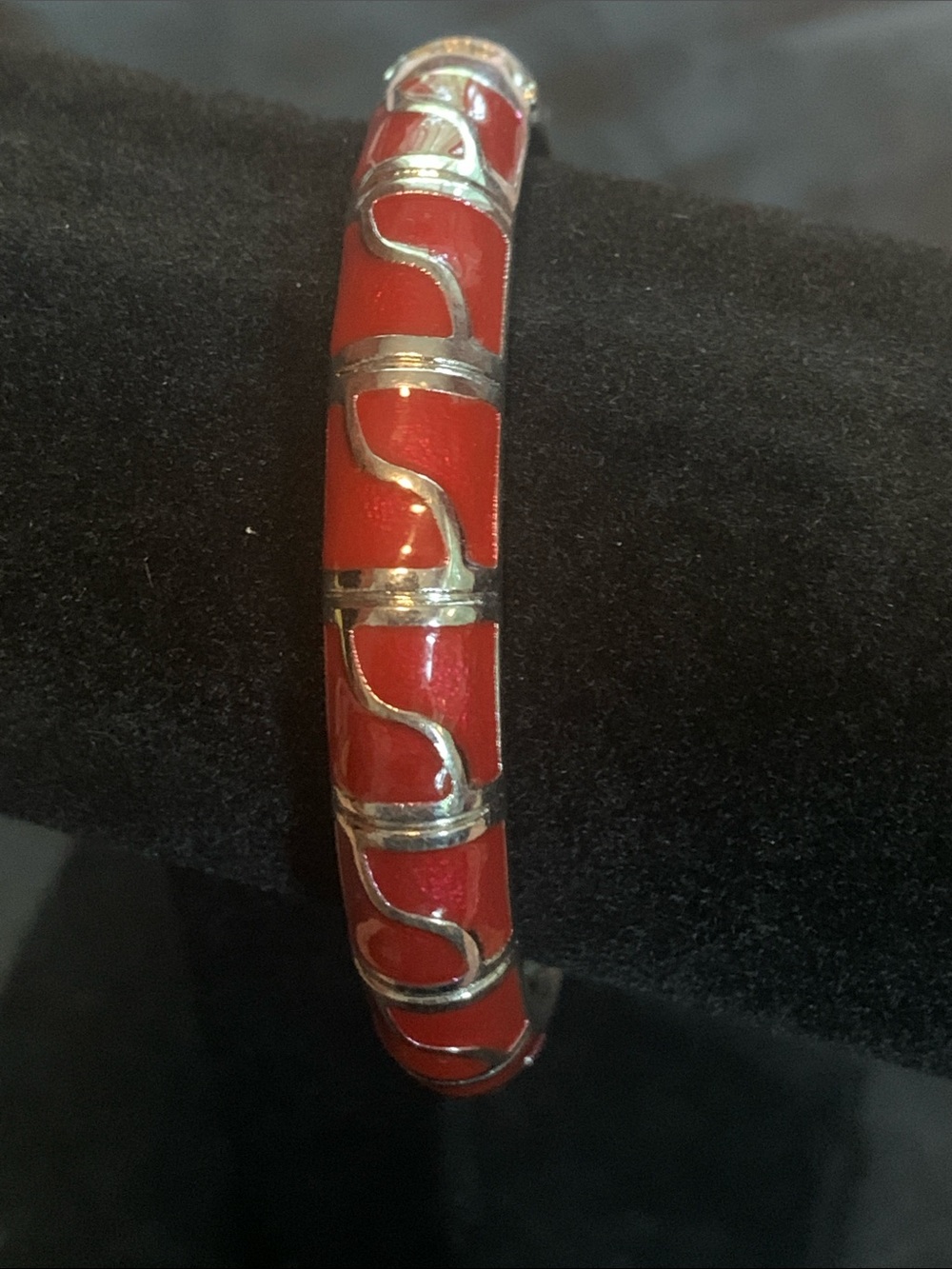 Vintage Jui Long Ching Red Enamel Silver-Tone Bangle Bracelet - Women Jewelry